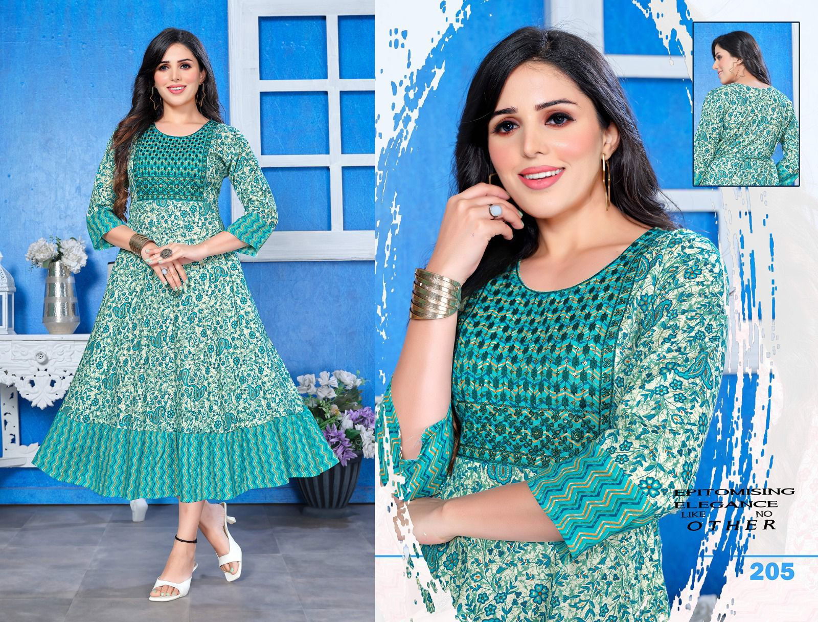 Something Special Golden Heavy Rayon Printed Long Kurtis Wholesale Market In Surat
